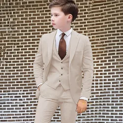 Beach Casual Wedding Boy Suits 3 Piece Beige Jacket Pants Vest Kids Child Blazer Set Clothes Party Dress 2-16 Years Old