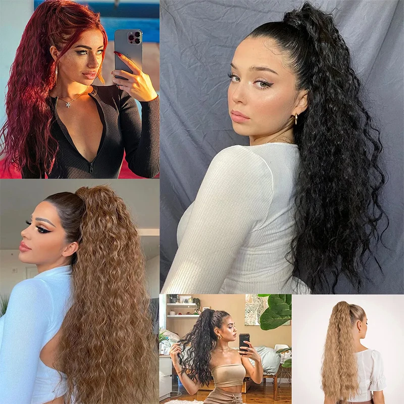 Water Wave Ponytail Hair Extensions para mulheres, cacheados Drawstring Hairpieces, longo envoltório em torno do cabelo falso louro, 26"