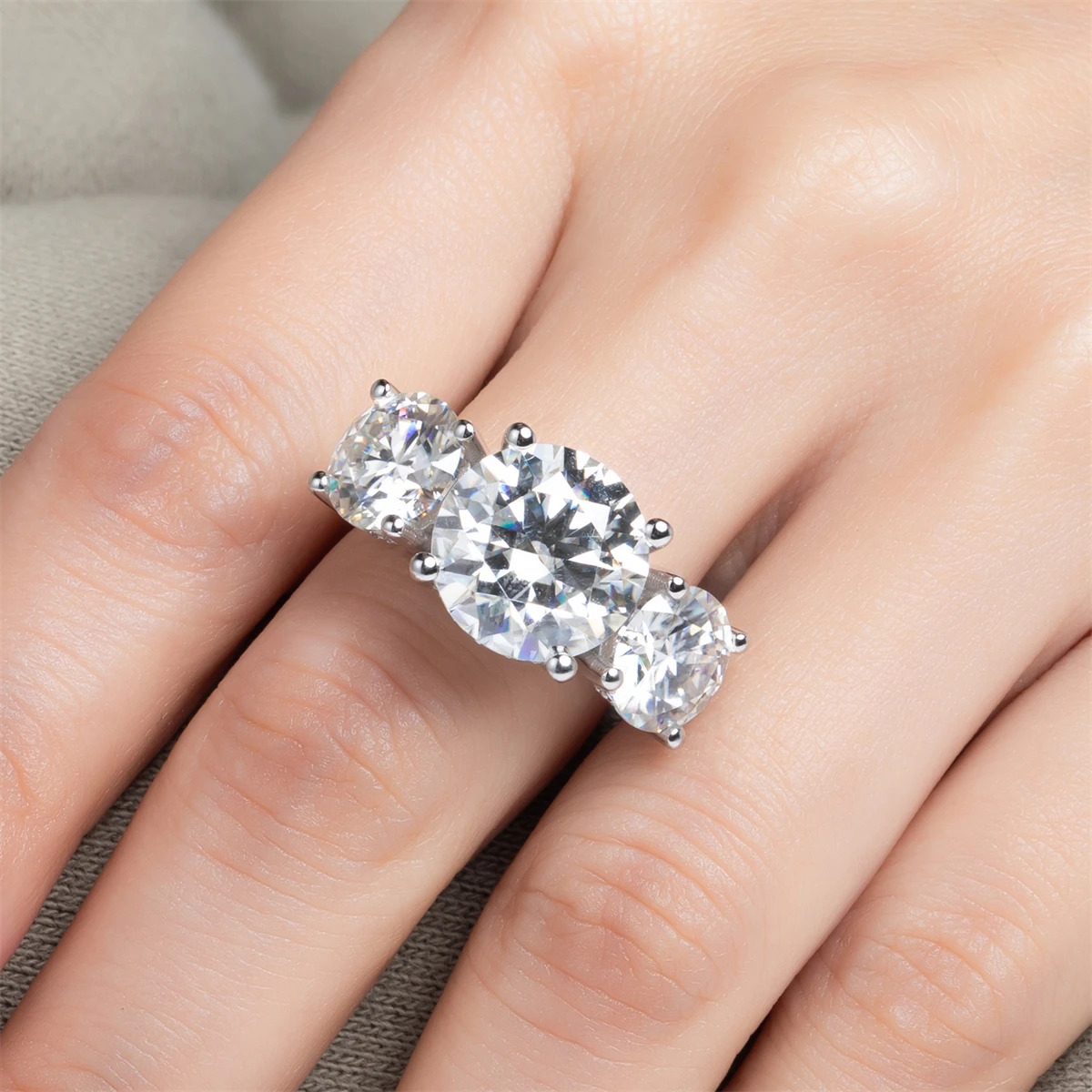 AnuJewel 11CTTW D Color VVS1 Moissanite Three Stone Ring S925 Sterling Silver Luxurious Engagement Wedding Ring Pass Diamond Tester Custom Fine Jewelry Gifts For Women