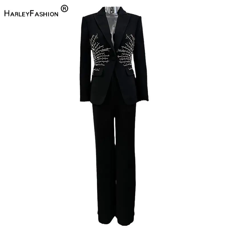 Lady Fine Workmanship Rhinestone Office Casual Suit Notched Long Sleeve Single Button Blazer Wide Legs Pants Women Solid 2pcs