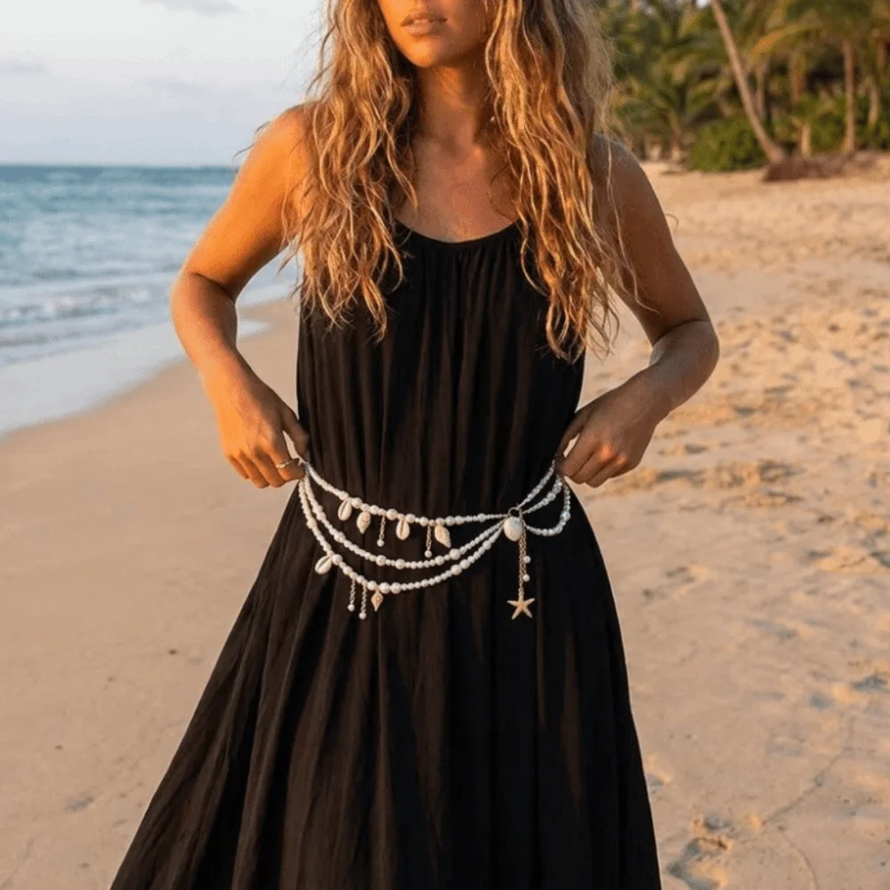 Multilayer Pearl Waist Chain Starfish Shell Pendant Stylish Body Chain Belt Elegant Vintage Waist Accessories Bikini