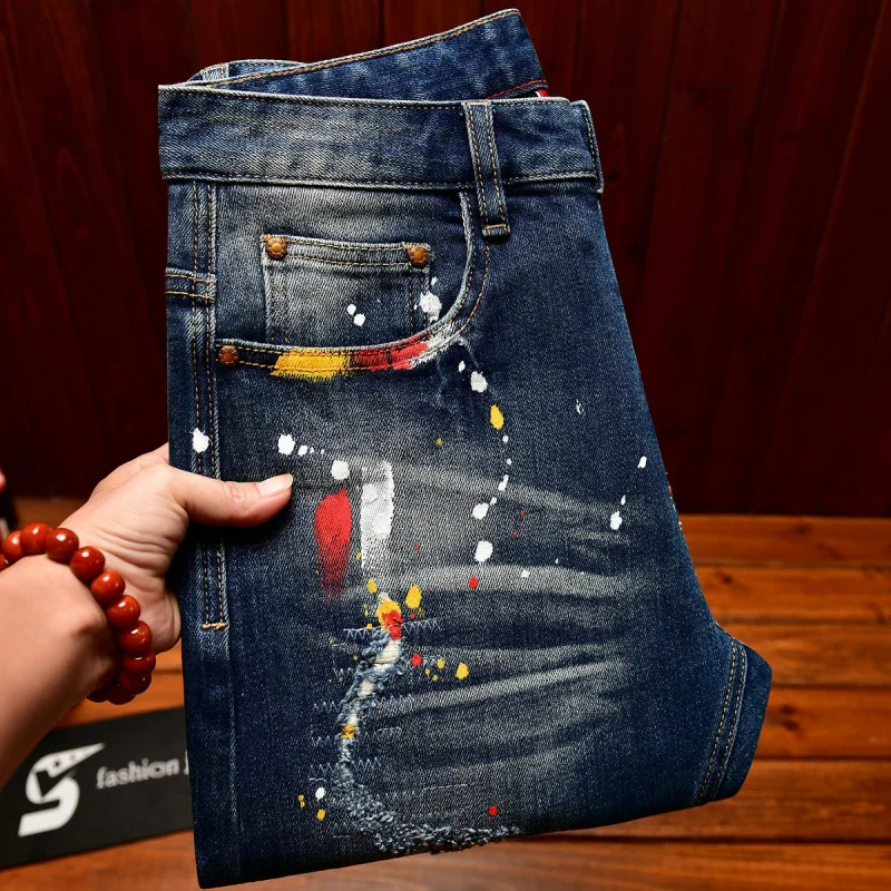 Paint Print Retro Jeans for Men Street Style Trendy Handsome Men's Clothing Distressed Slim Fit American Style Men's Pants