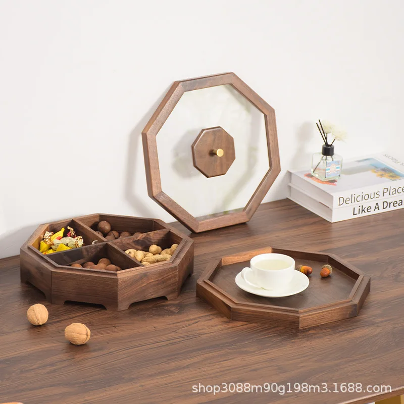 Wooden dried fruit box, Chinese walnut candy box, living room with lid grid nut candy