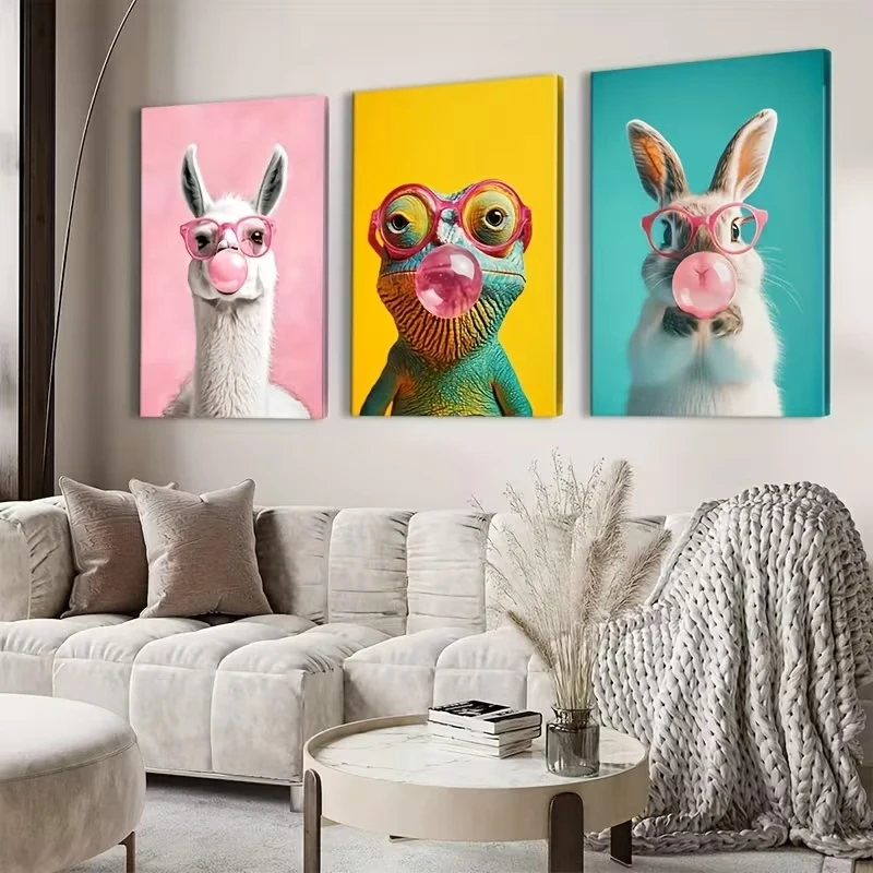 3pcsModern Rabbit Alpaca Frog Blow Balloons Wall Art Print Canvas Painting Poster Picture For Living Room,Bedroom Home Decor