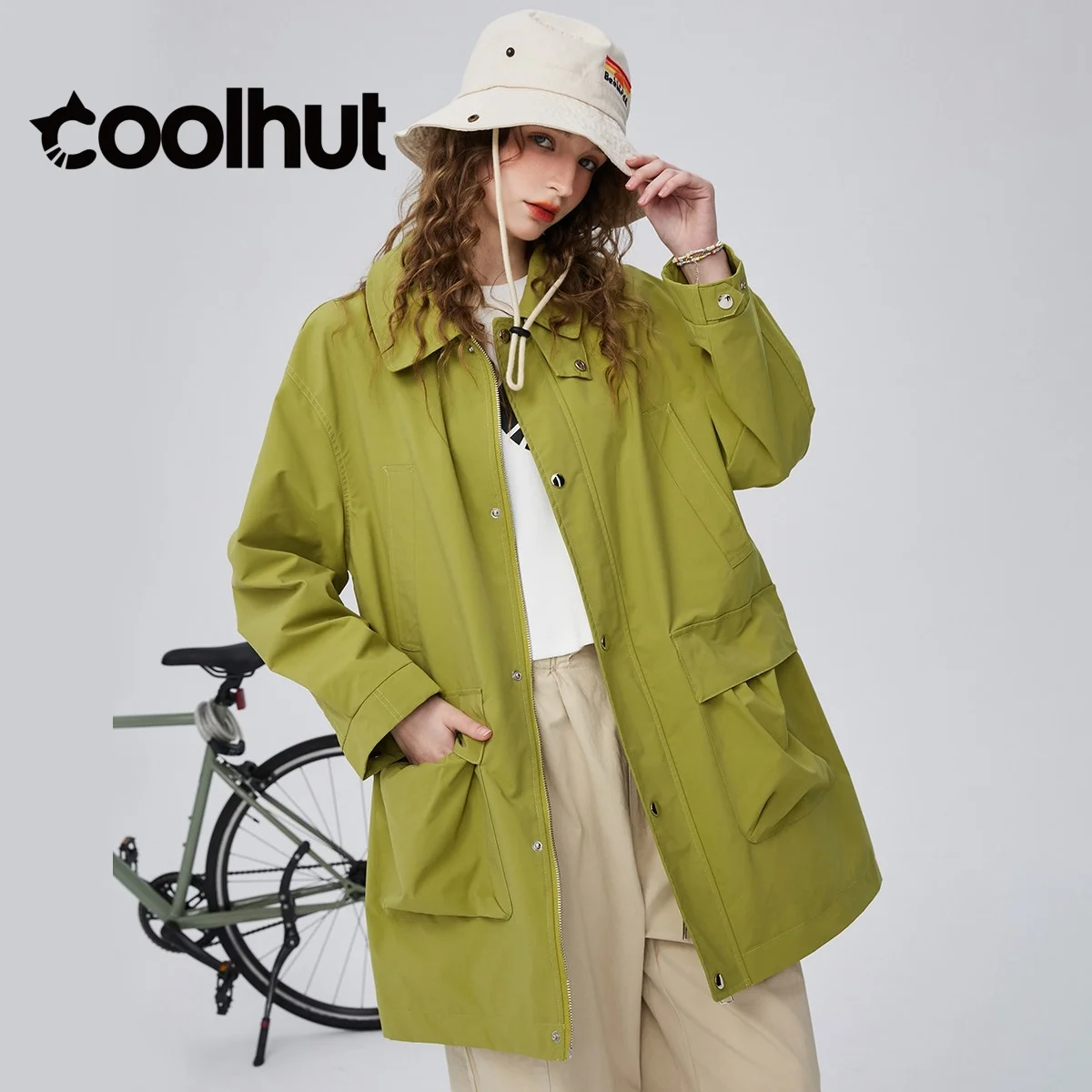 

COOLHUT Women's 2025 British Style Trench Coat Mid Long Loose Fit with Pocket Casual Pleated Utility Jacket Open Front Outerwear