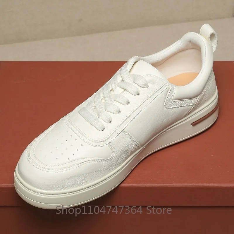 Luxury Designer Genuine Leather Casual Shoes Men's White Sneakers Thick Sole Premium Cowhide Breathable Daily Walking Male