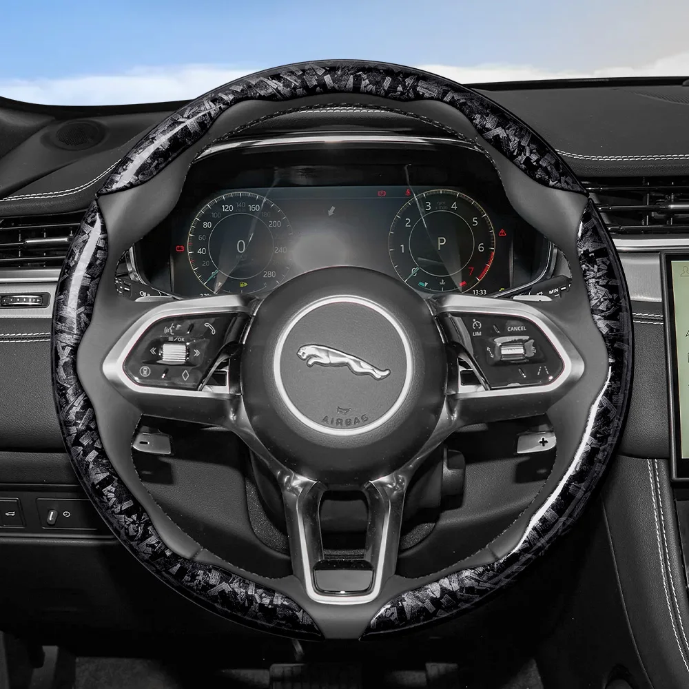Suitable for Jaguar Forged Carbon Fiber Texture Steering Wheel Cover, Durable Snap-On Quick Installation for I-Pace F-Pace E-Pace Xe Xf F-Type Black Red Gold Interior Accessories