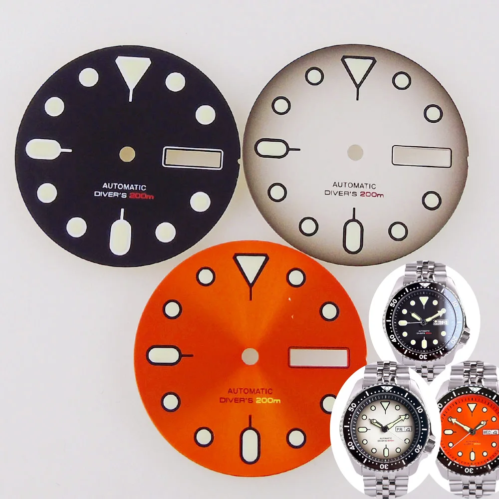 Nologo 29mm Watch Dial 3.8 Clock for NH36 Movement Weekday Date Orange/white/black Dial Face Plate Green Lume for Diver Watch