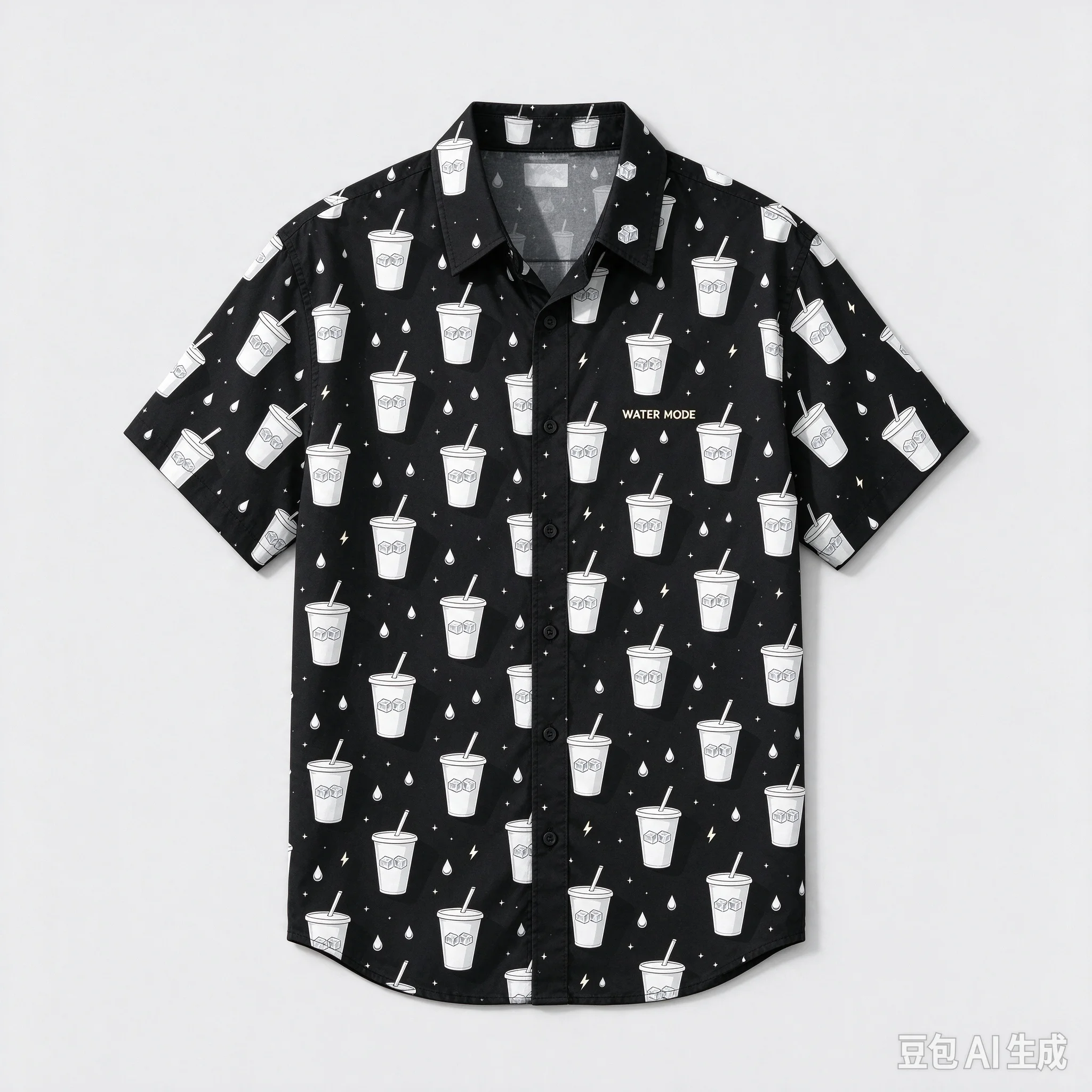 Men Women Unisex Allover Water Cup Print Short Sleeve Shirt, Casual Button Down Tops, Loose Fit Cotton Linen Creative Drink Patt