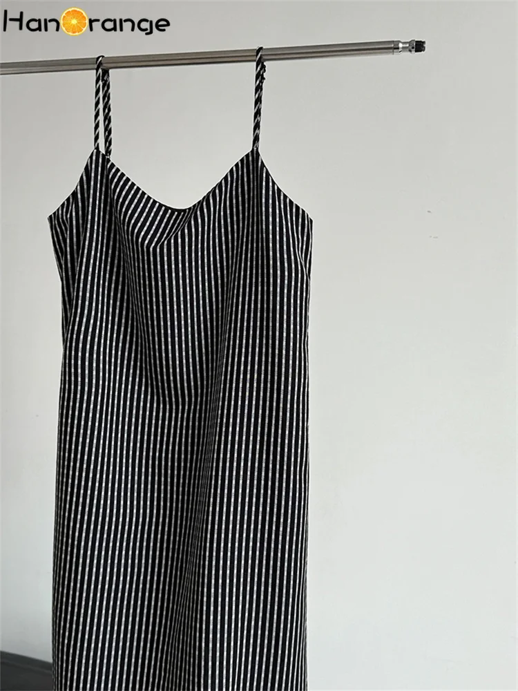 HanOrange 2025 Vestido camisola listrado primavera verão em camadas vestido versátil vestido evasê damasco/preto