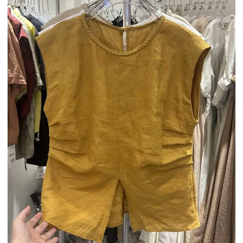 

Minimalist Design Gathered Slit Linen Sleeveless Shirt Women's Summer Style Elegant Versatile Top Casual Loose Fit Pure Color