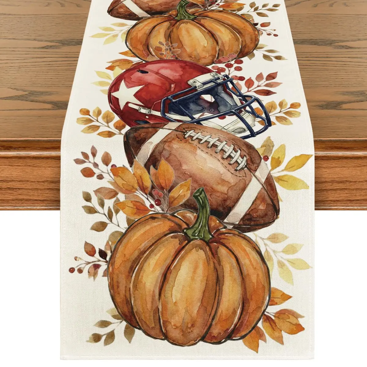 Fall Table Runner Home Party Decor American Football Helmet Pumpkin Leaves, Seasonal Kitchen Dining Table Decoration