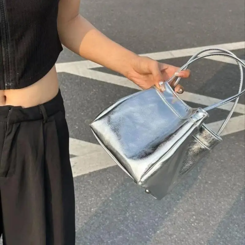 

Women Casual Armpit Bag PU Leather Handbag All-matching Shoulder Bag Silver Bucket Bag Korean Styles Underarm Bag 547A