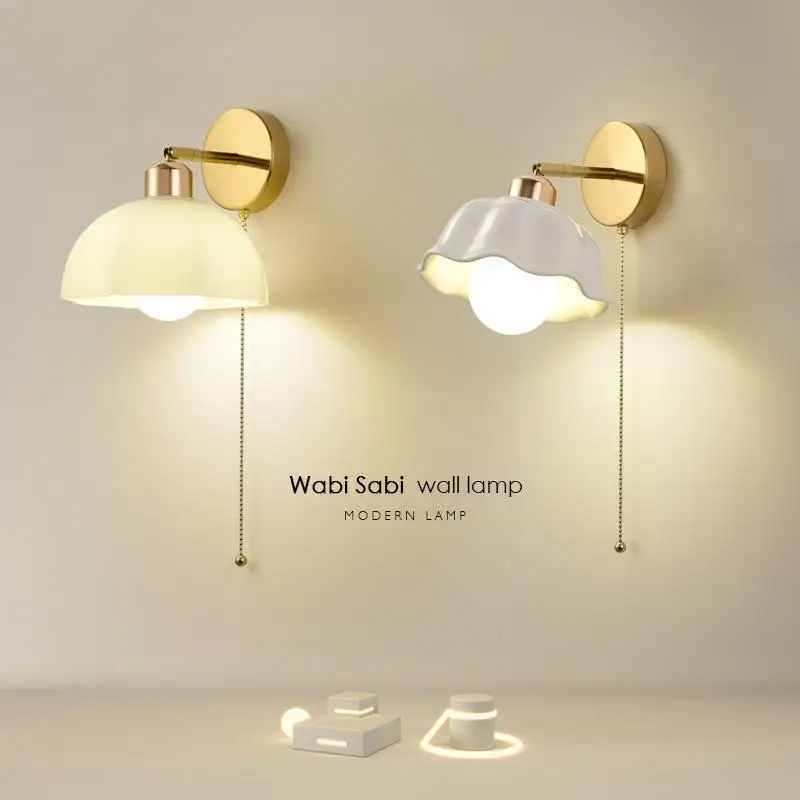 

Nordic LED Wall Lights Warm Ceramic / Glass Shade Bedside Bedroom Light with Pull Cord Switch Homestay Staircase Light