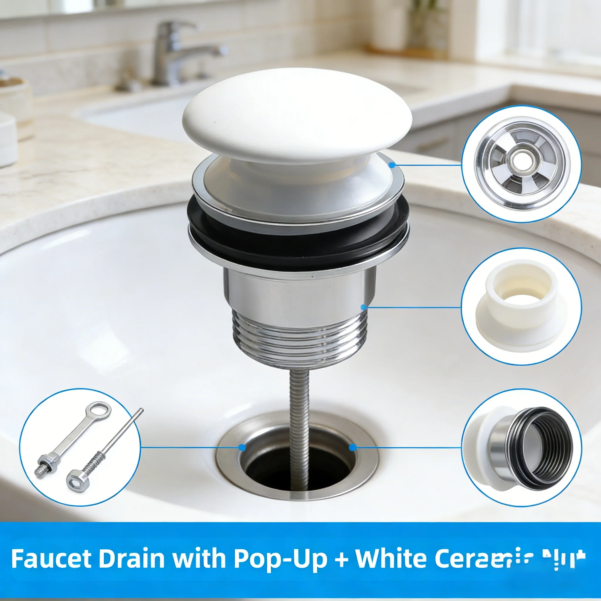 Washbasin Drain White Push-Release Drain Brass For Bathroom Sink  Pop-Up Bounce Core Sink Strainer With Overflow