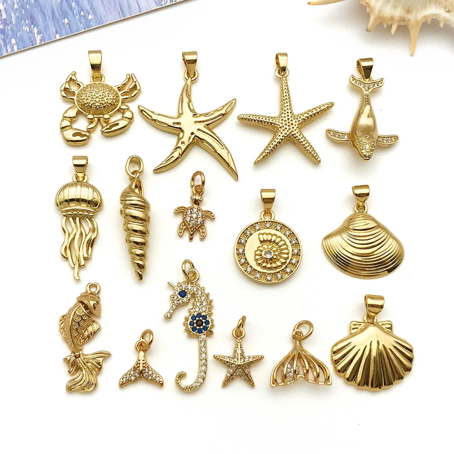 1pc 18K Real Gold Plated Brass Marine Life Charms, Starfish, Seashell, Sea Turtle, Pendants, for DIY jewelry making Accessories