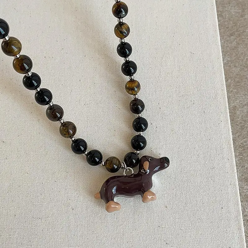 Dachshund Pendant Necklace Cartoon Tiger Eyes Stone Jewelry Durable Chain for Outdoor Activities Wearing
