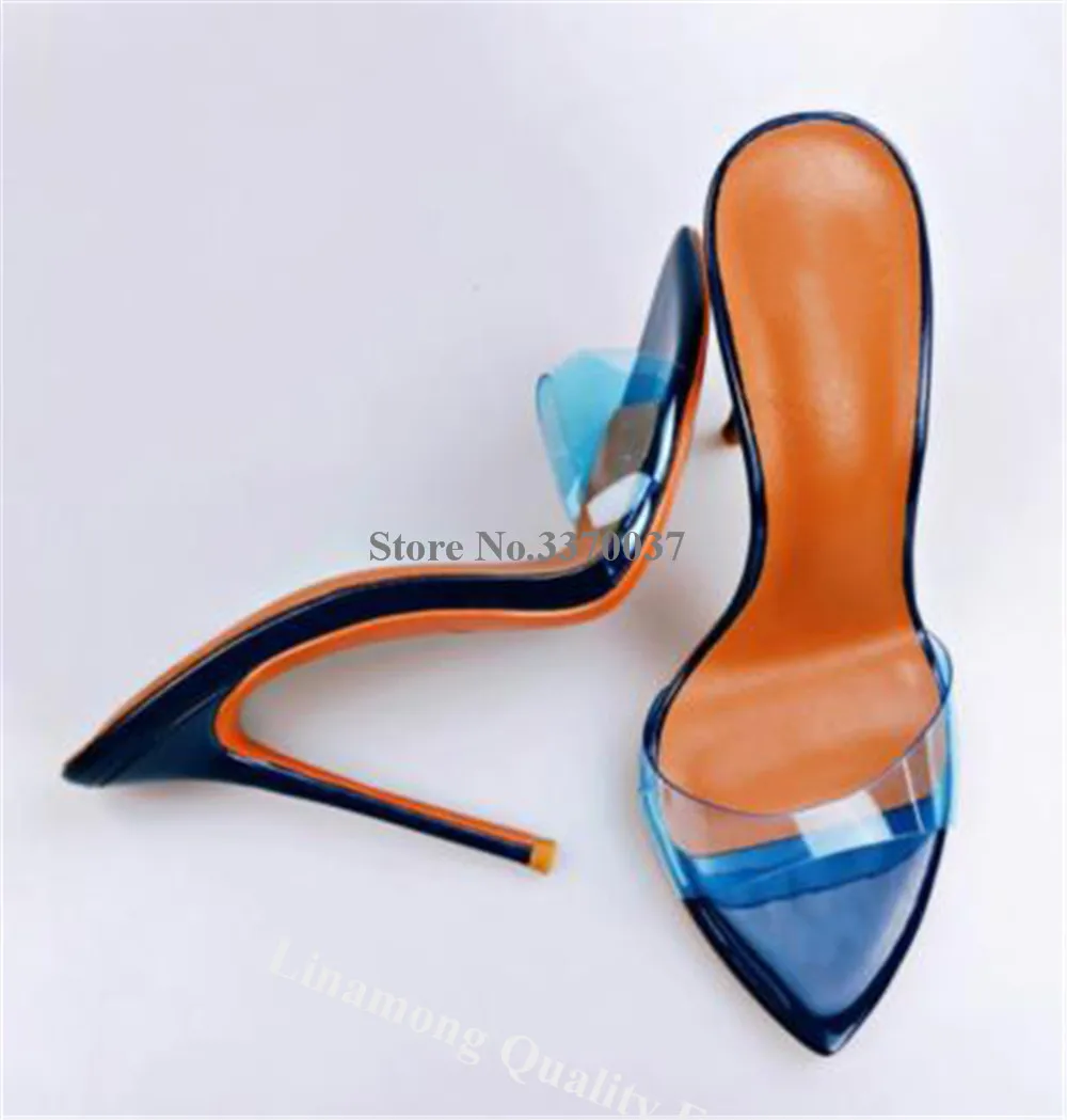 Patchwork Stiletto Heel Slippers Linamong Newest Pointed Open Toe One Strap Thin Heel Slip-on Sandals Sexy Big Size Dress Heels