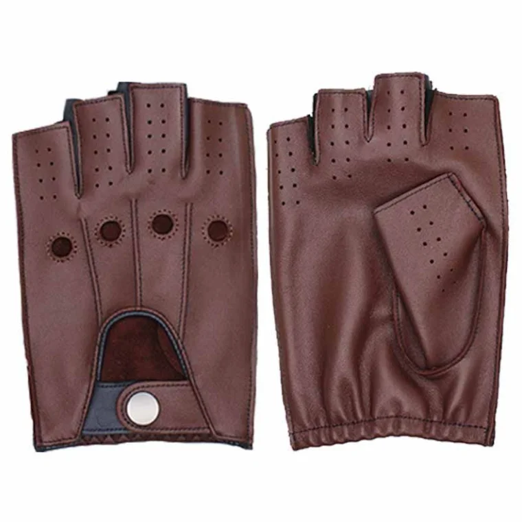 Men's Locomotive Retro Half Finger Gloves Breathable Motorcycle Perforated Gloves Leather Goatskin Outdoor Glove