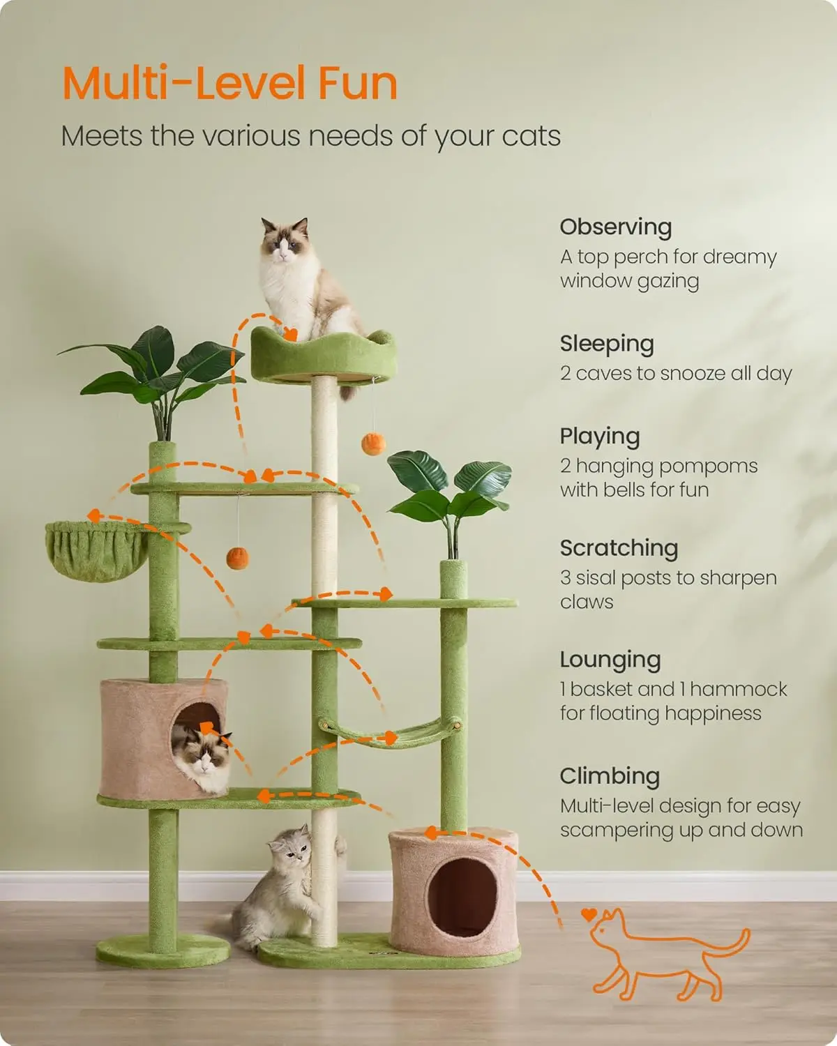 

Cat Tree, 68.1-Inch Tall Cat Tower, Multi-Level Plush Cat Condo with Artificial Leaves, 3 Scratching Posts, 2 Pompoms