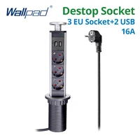 Wallpad-enchufe de escritorio emergente, 3 salidas, puertos USB de 2,4 A o sin enchufe de extensión de 2M, cuerpo de aluminio retráctil para cocina