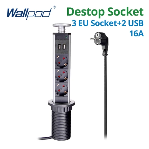 Wallpad-enchufe de escritorio emergente, 3 salidas, puertos USB de 2,4 A o sin enchufe de extensión de 2M, cuerpo de aluminio retráctil para cocina