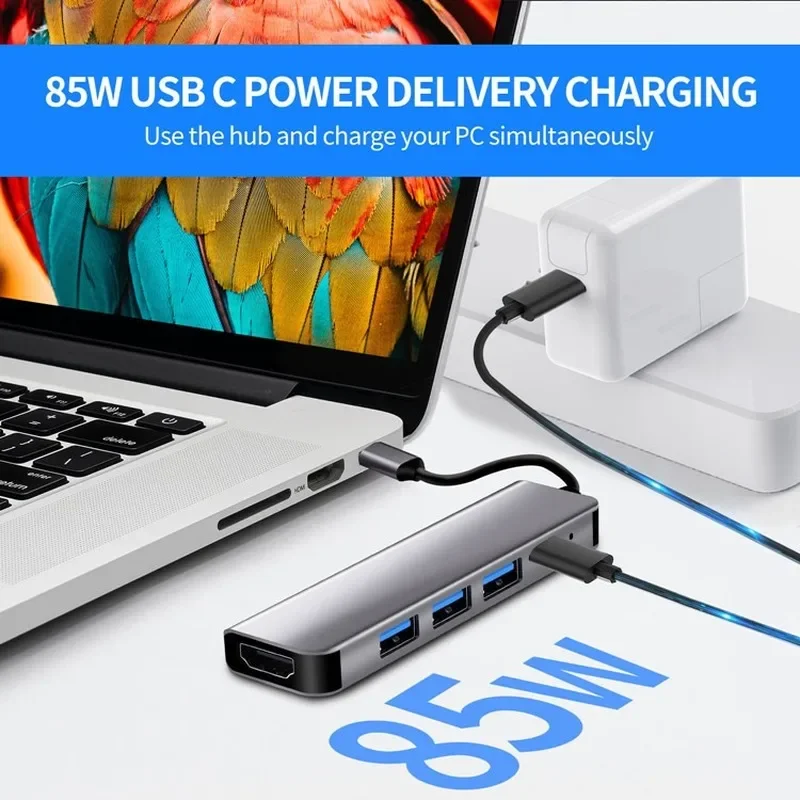 محور USB 3.1 Type-C إلى محول HDMI متوافق مع 4K Thunderbolt 3 USB C Hub مع Hub 3.0 PD لـ MacBook Pro/Air/Huawei Mate