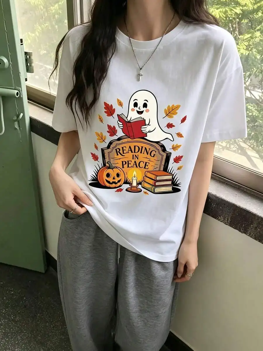 Women Short Sleeve T Shirt Cute Ghost Reading Print Halloween Autumn Casual Daily Wear Trendy Halloween Outfit Top