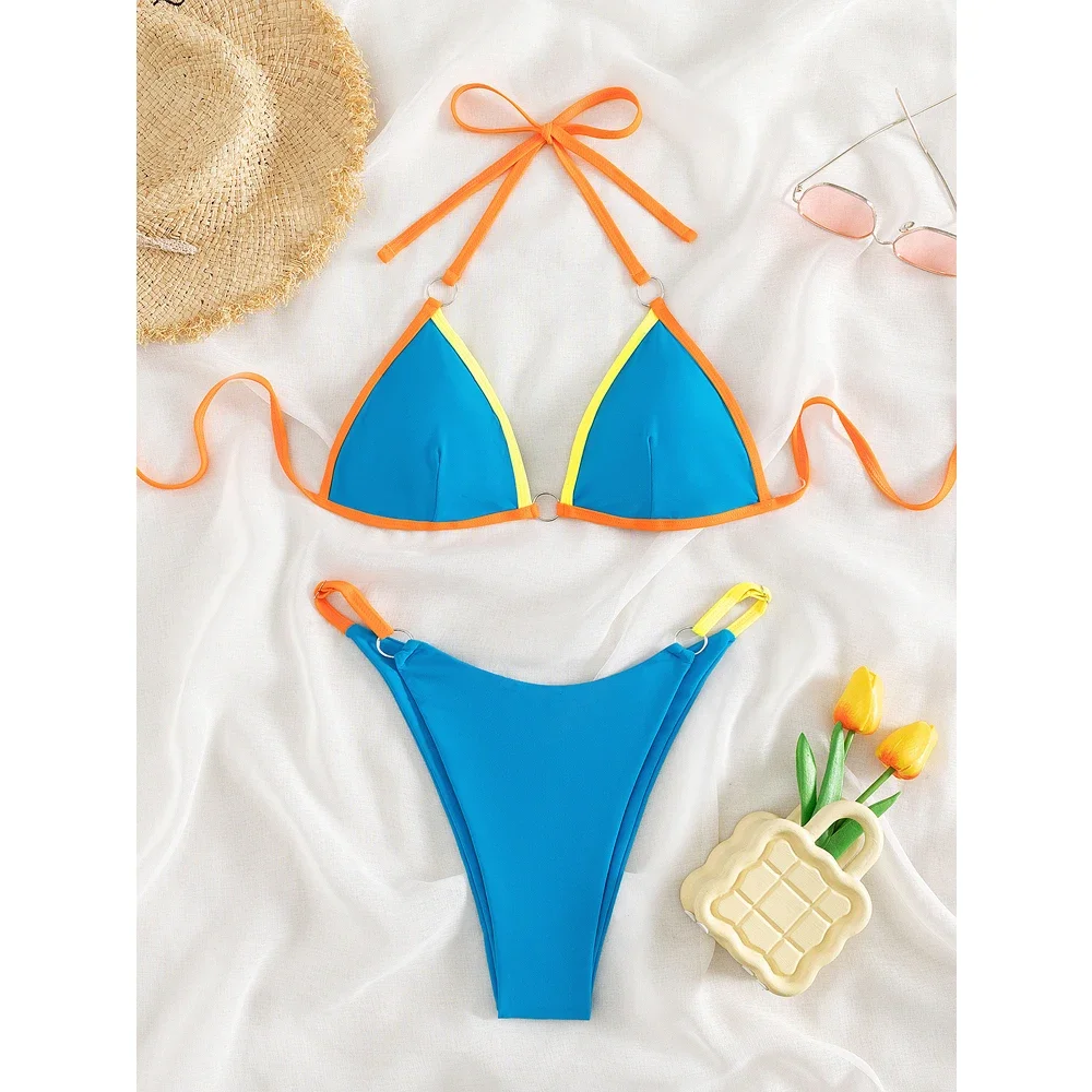 Costume da bagno patchwork blu arancione donna 2023 perizoma a vita bassa bikini a 2 pezzi triangolo coppa con scollo a V costume da bagno costumi da bagno costumi da bagno