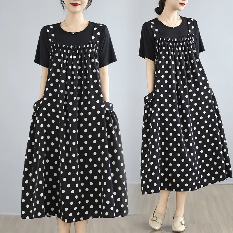 Ensemble deux pièces Midi Dr et T-shirt pour femmes, nouveau motif à pois, gilet à bretelles ort Sve, longueur au dessus du genou, été