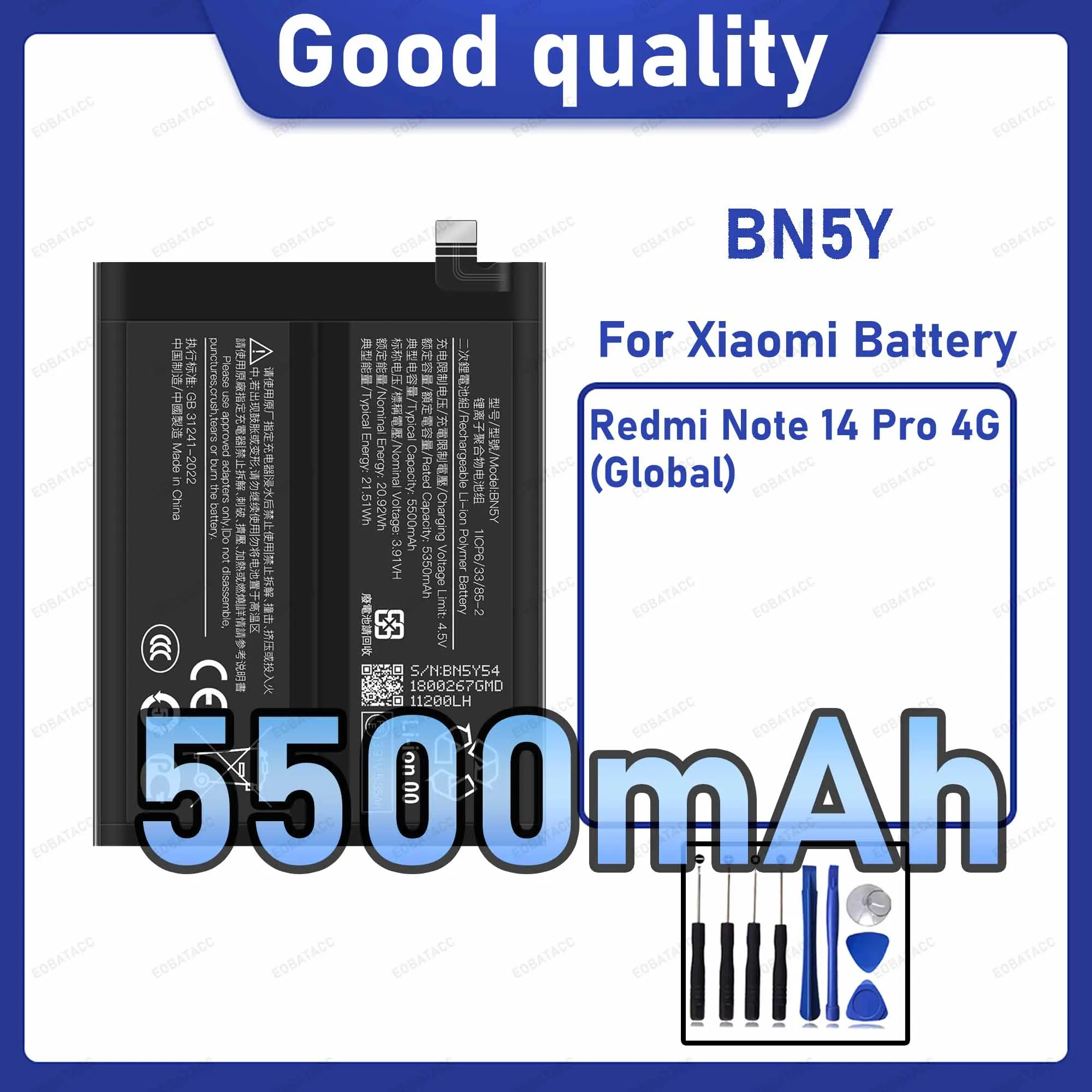 5500mAh BN5Y Replacement Battery for Xiaomi Redmi Note 14 Pro 4G(Global) with Repair Tools Kit