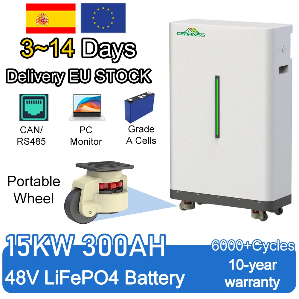 Batteria al litio LiFePO4 48V 300Ah 15KW 51.2V 100AH 300Ah 600Ah 5KW 30KW 16S 200A BMS Spedizione portatile con ruote dalla UE