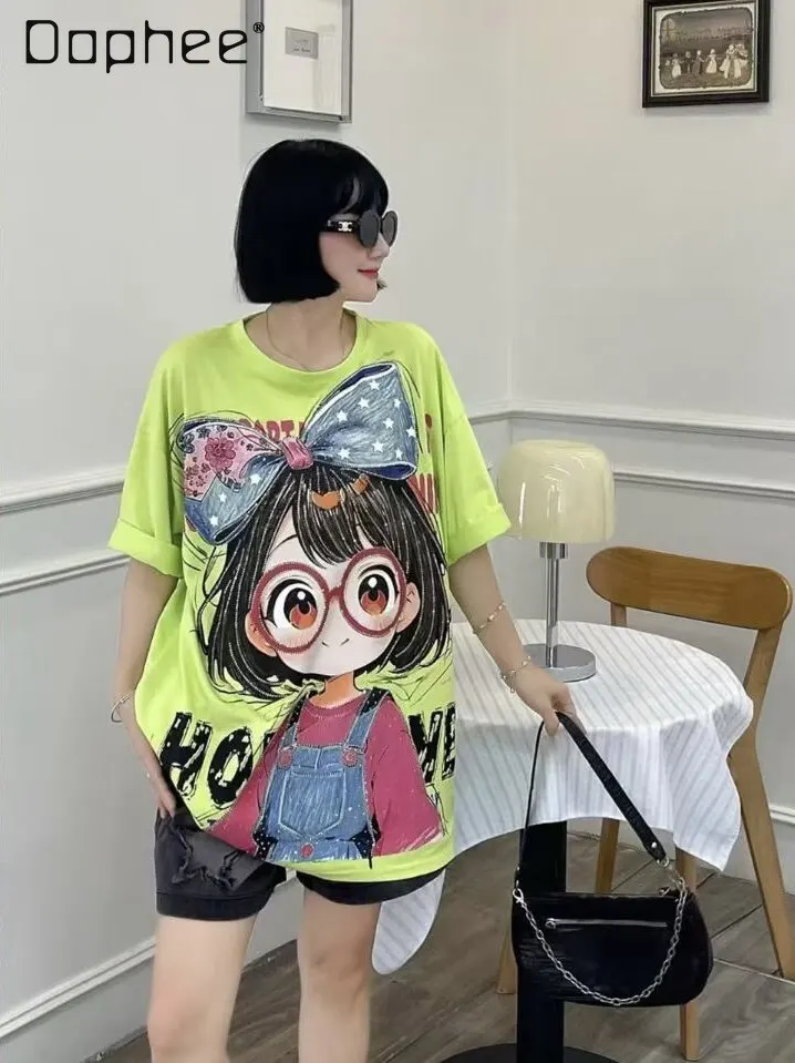 

2026 New European Tide Brand Loose Glasses Girl Pattern Printing Mid-length Short Sleeves Tee Women Clothes