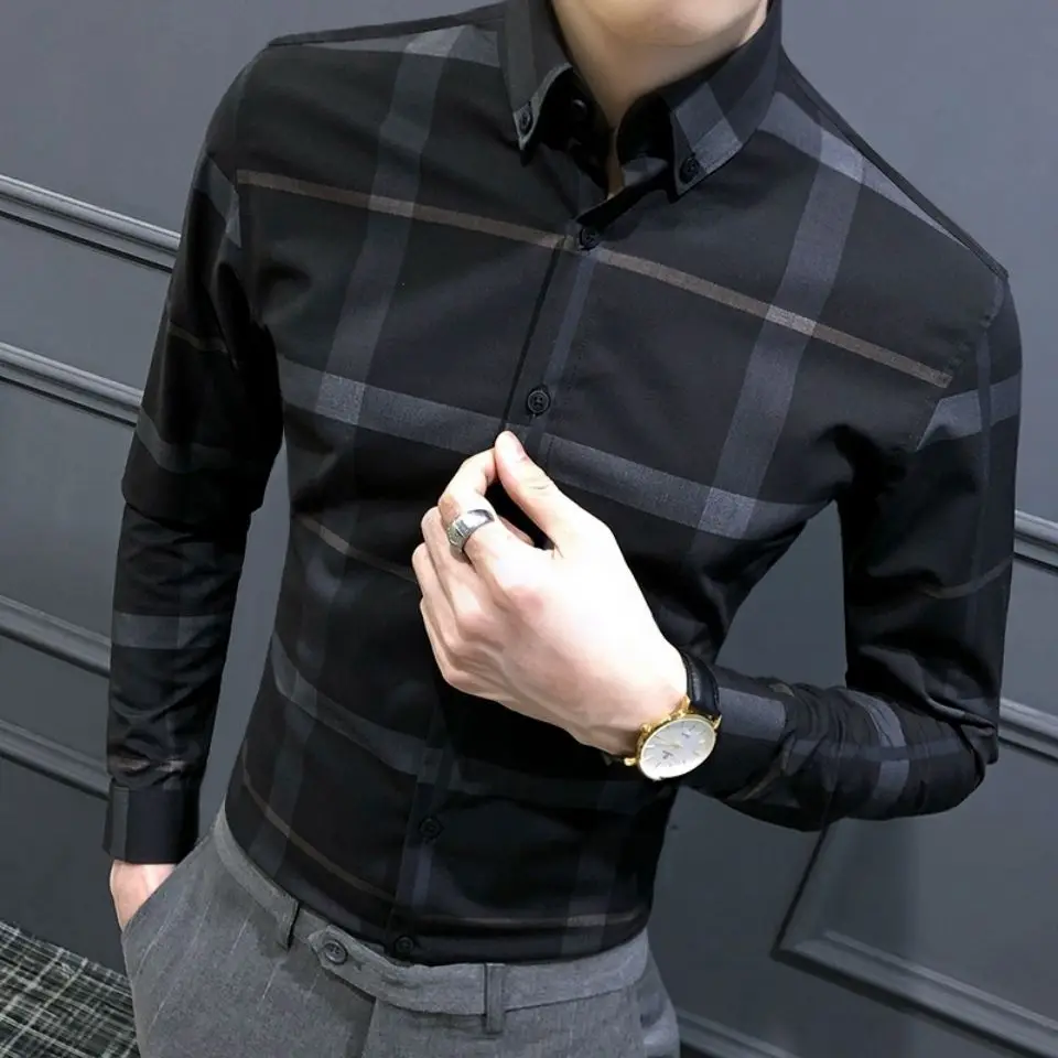 

Мужская клетчатая рубашка 2026 года, осенняя, в британском стиле, повседневная, приталенная, с длинным рукавом, в корейском трендовом стиле, стильная