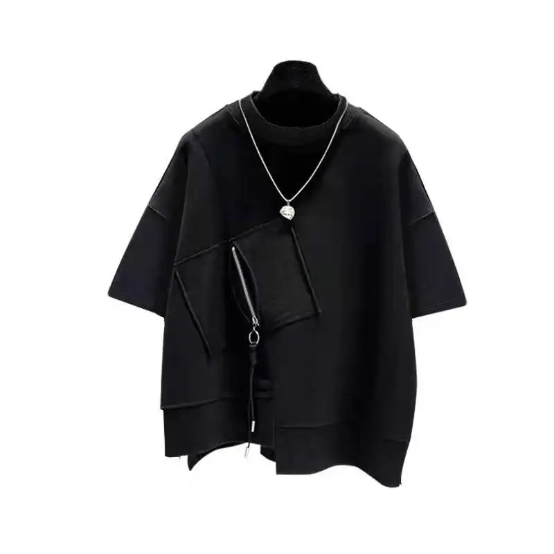 2025 Summer Fashion Trend Round Neck Short Sleeve T-Shirt Handsome Men Ins Versatile Zipper Design Loose Casual Half Sleeve Top
