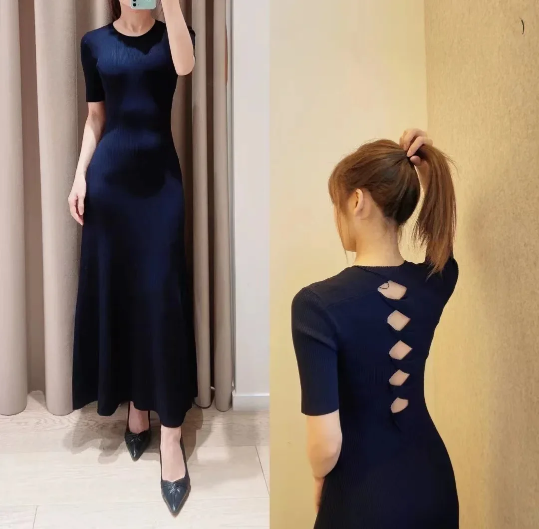 Women Slim Knitted Dress Back Argyle Hollow out Short Sleeve O-Neck Elegant Summer 2024 Midi Robe