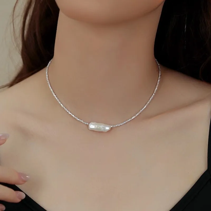 Minar 2024 Hot Sale Baroque Freshwater Pearl Pendant Necklaces for Women Mujer Copper Shiny Silver Water Wave Chain Chokers