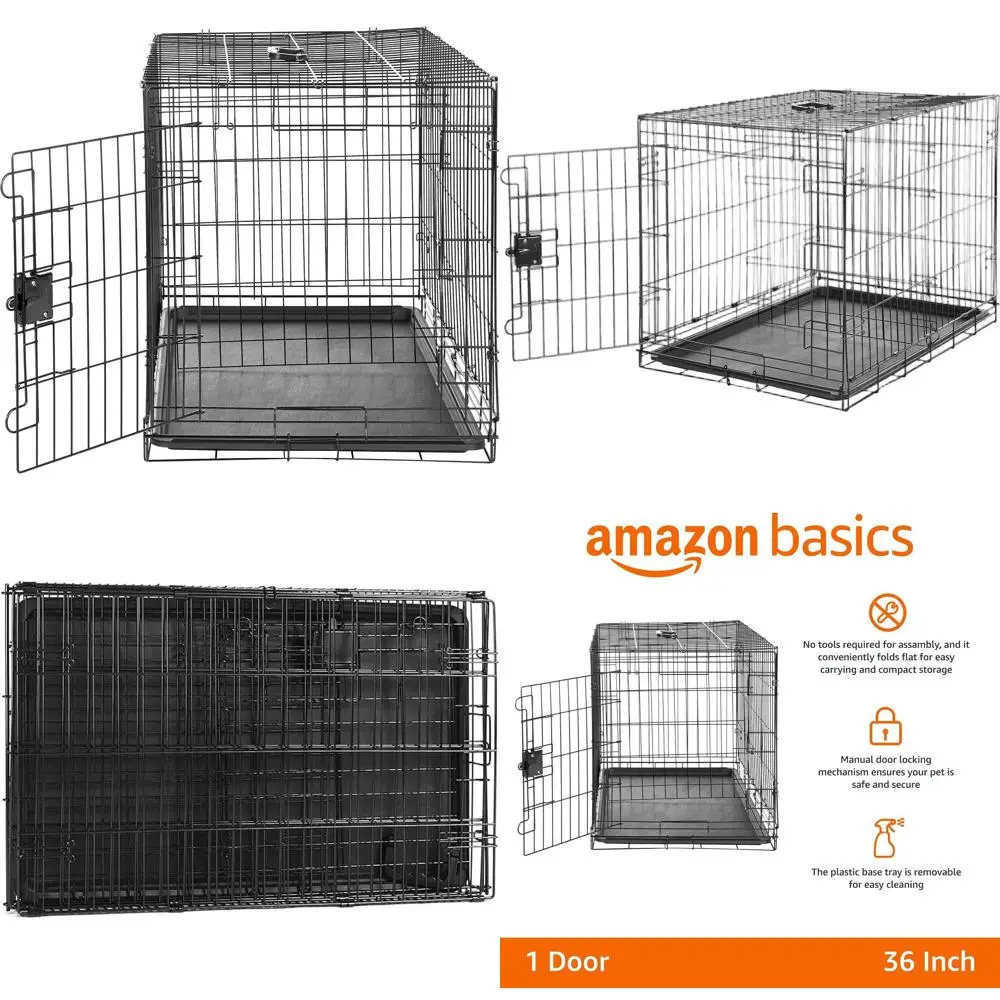 

Sturdy Foldable Metal Dog Crate with Tray, Collapsible, Portable, Easy Assembly & Cleaning, 36x23x25, Black