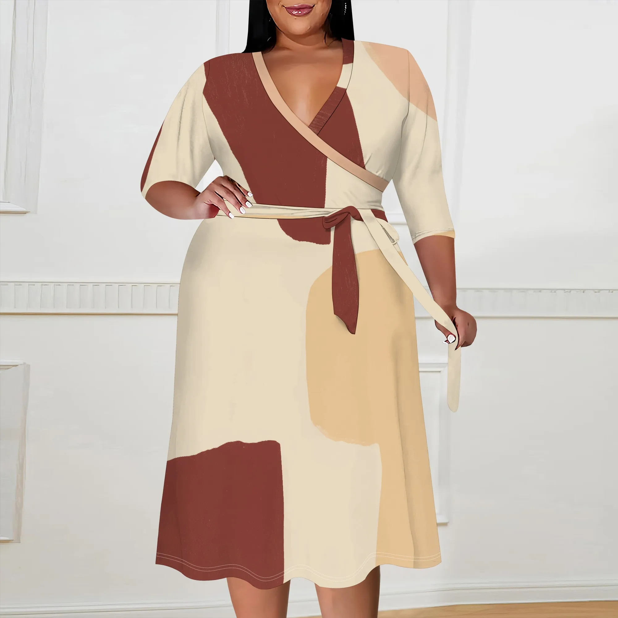 

Plus Size V Neck Wrap Dress for Women XL-6XL Colorblock Print Elegant Midi Dress with Belt 3/4 Sleeve 2025 Workwear