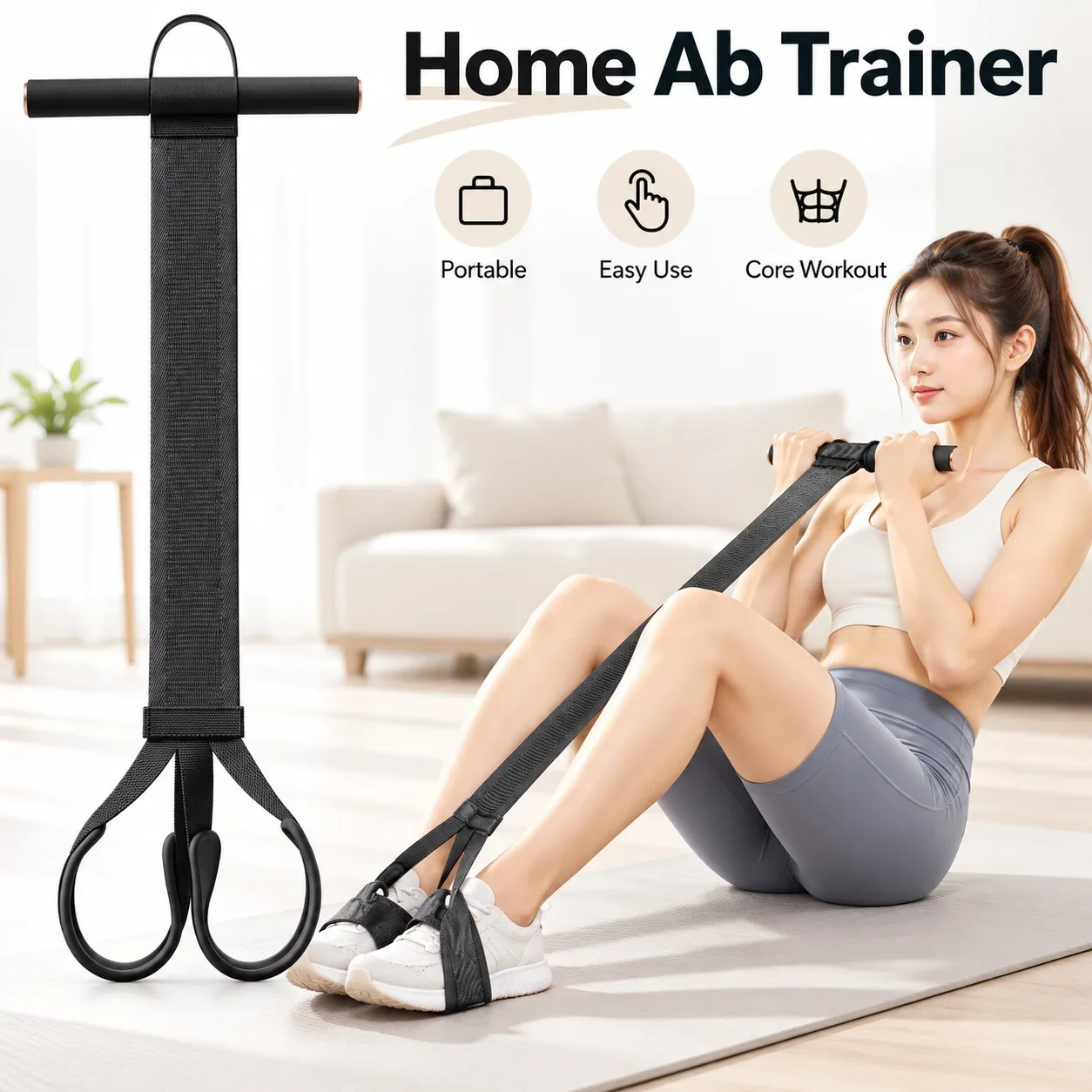 Home Ab Trainer with Foot Loops, Portable Sit Up Pull Rope, Abdominal Resistance Band for Core Arm Leg Workout