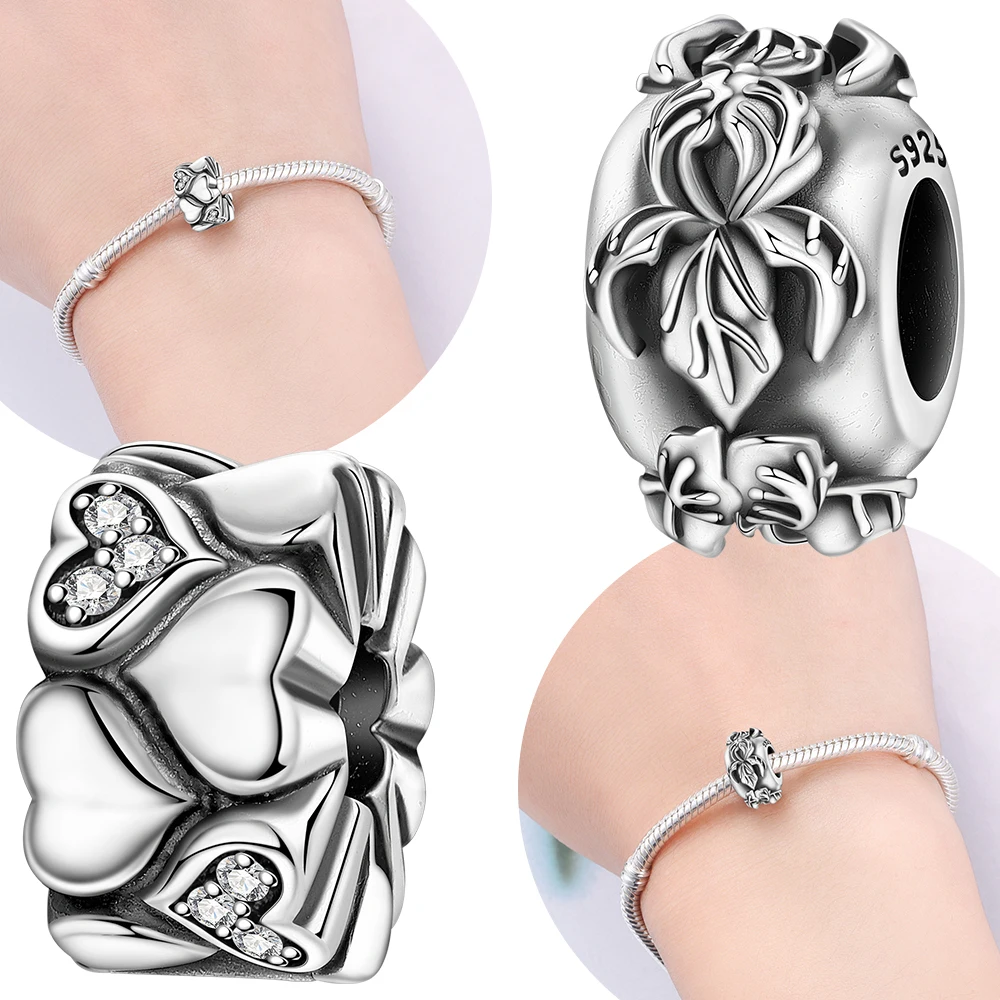 

Оригинальные двухрядные подвески из серебра 925 пробы с пряжкой в форме сердца ириса, резиновые пробки, бусины, подходят для браслета, женские ювелирные изделия, сделай сам