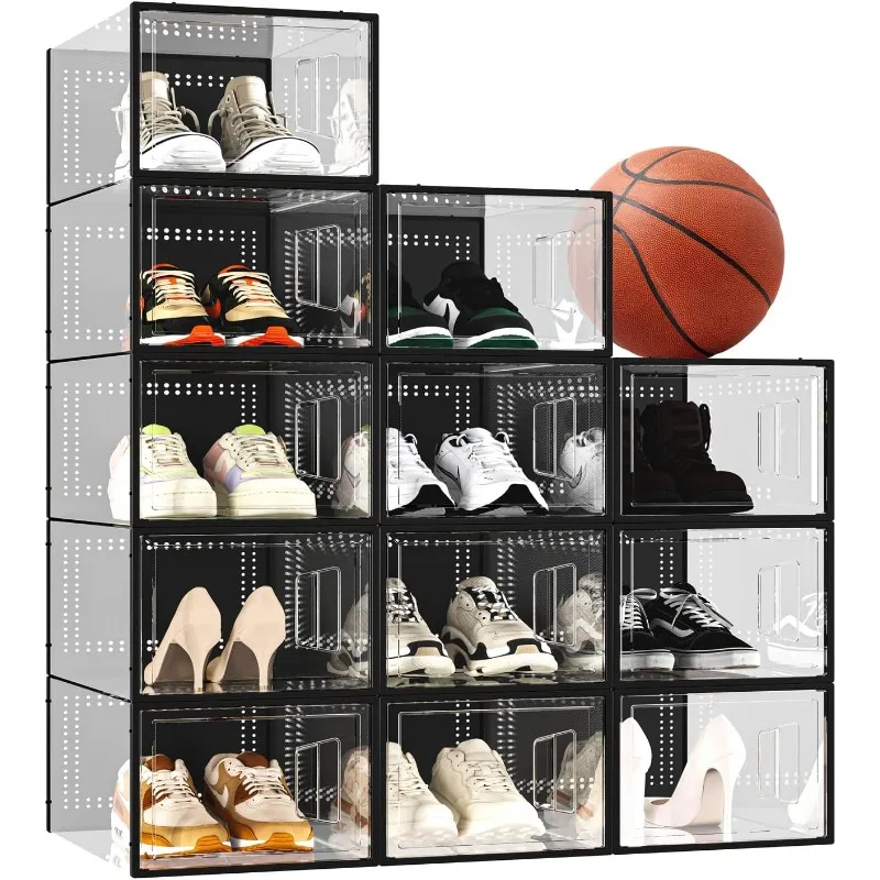 

X-Large Shoe Storage Boxes 12 Pack Stackable, Shoe Organizer for Closet, Clear Plastic Substitute Shoe Rack Foldable Durable