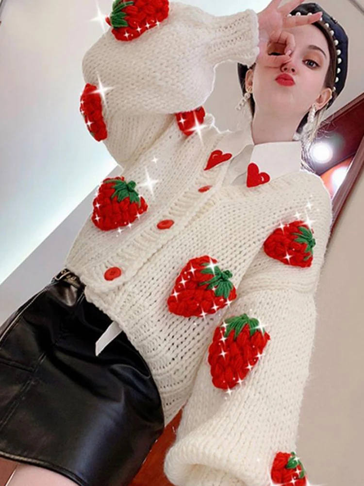 ZOKI Cute Strawberry Women Cardigan Sweater Winter Loose Fashion V Neck Hand 3D Knitting Ladies Jumper Casual Female Coats New