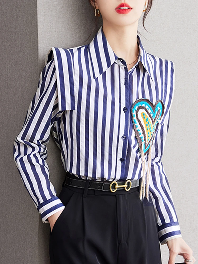 Women Clothing 2024 Niche Design Striped Shirt Elegant Chic Long Sleeve Blouse Spring Autumn Fashion Casual Tops