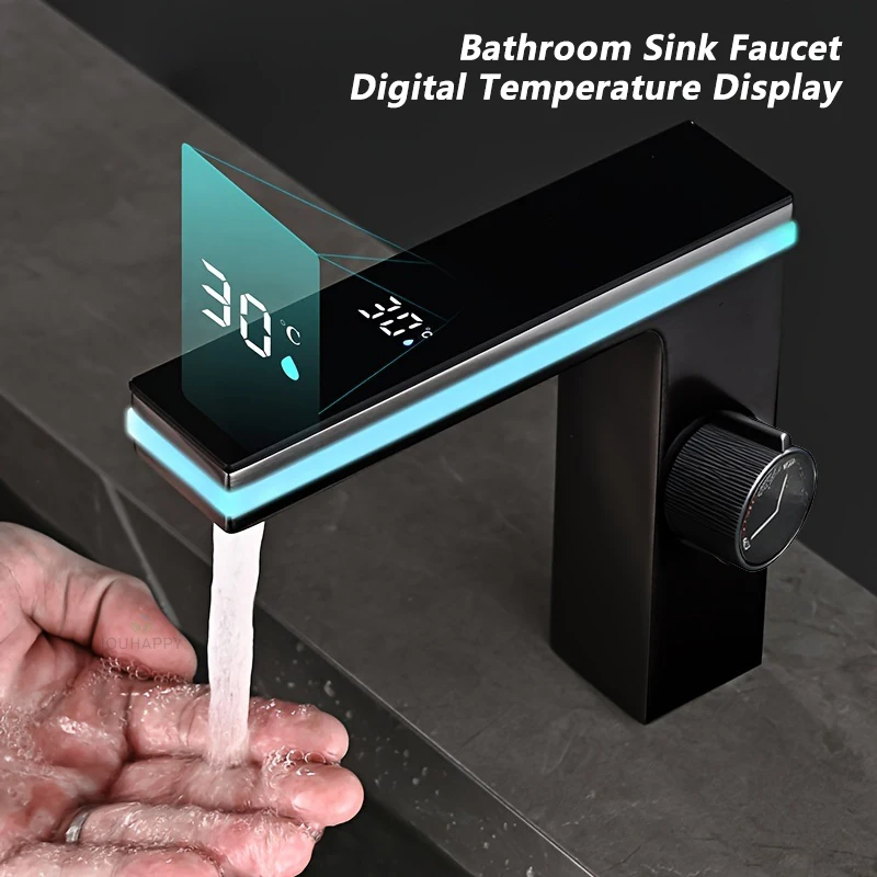 Digital Display Bathroom Basin Faucet Aluminum Washbasin Faucet Intelligent LED Cold and Hot Water Mixer Tap Hotel Water Tap