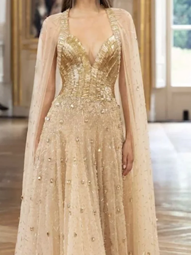 

Элегантные золотые вечерние платья с v-образным вырезом и блестками и бусинами с короткими рукавами, вечерние платья для дня рождения, выпускного вечера по индивидуальному заказу