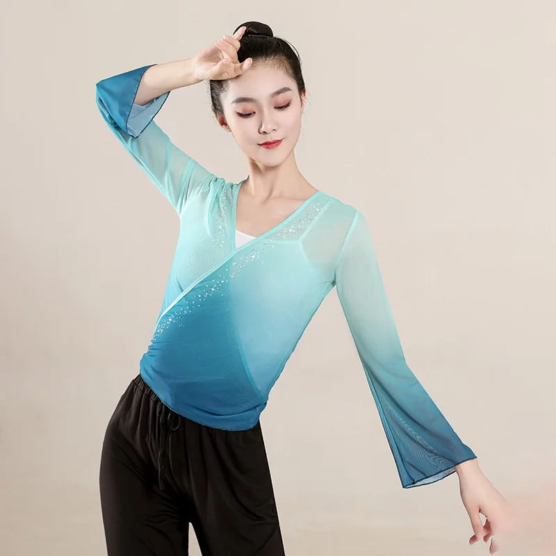 Classical Dance Rhyme Yarn Top Basic Training Women Long Sleeve With Diamond Practice Top Short and Elegant Performance Clothes