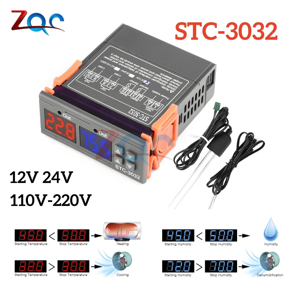 Dual Digital STC-3032 Temperature Controller Two Relay Output Thermostat Heater with Probe 12V 24V 220V Home Fridge Cool Heat