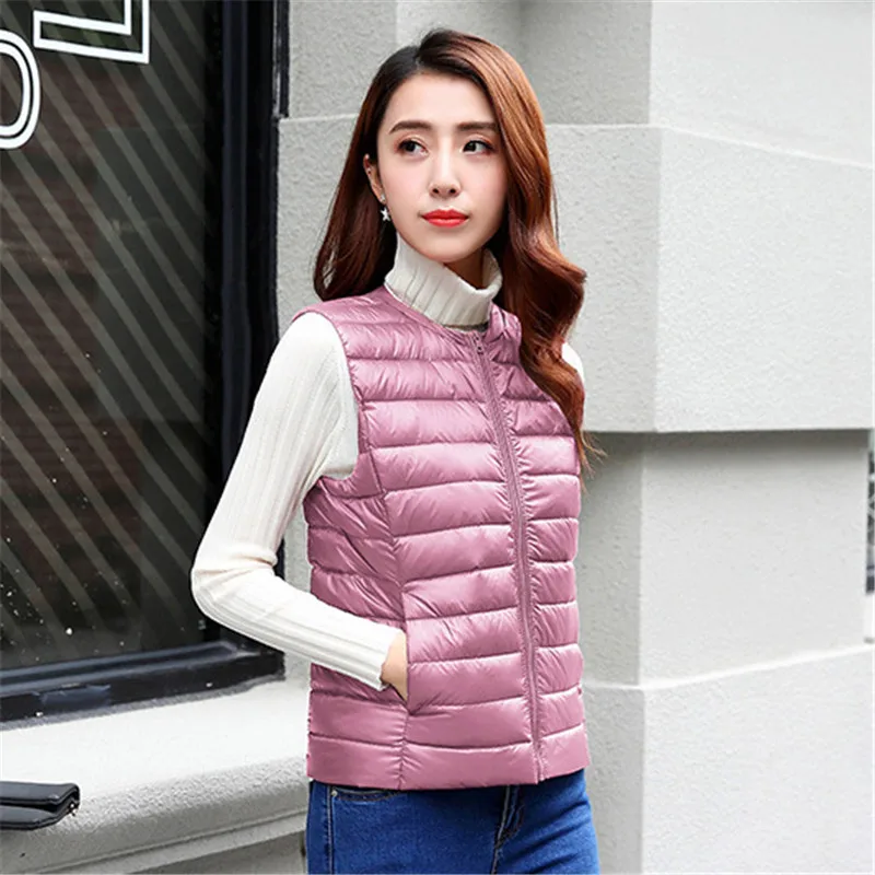 가을 겨울 초경량 화이트 덕다운 베스트 코트 여성 민소매 다운 조끼 재킷 여성용 짧은 따뜻한 푸퍼 탱크탑