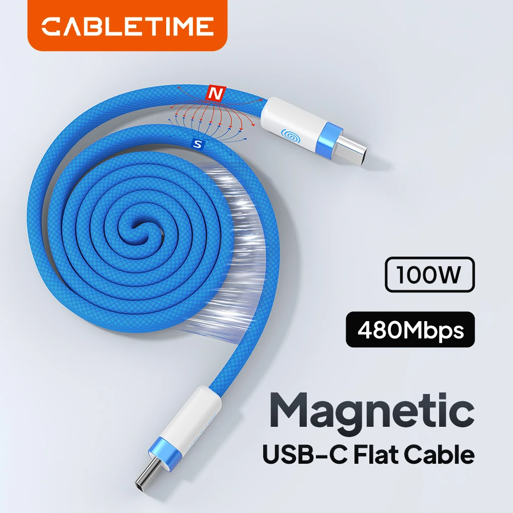 CABLETIME Magnetic USB C Flat Cable USB C to USB C Cable 100W 480Mbps High-Speed Transfer Type C Cable for iPhone 17 HUAWEI